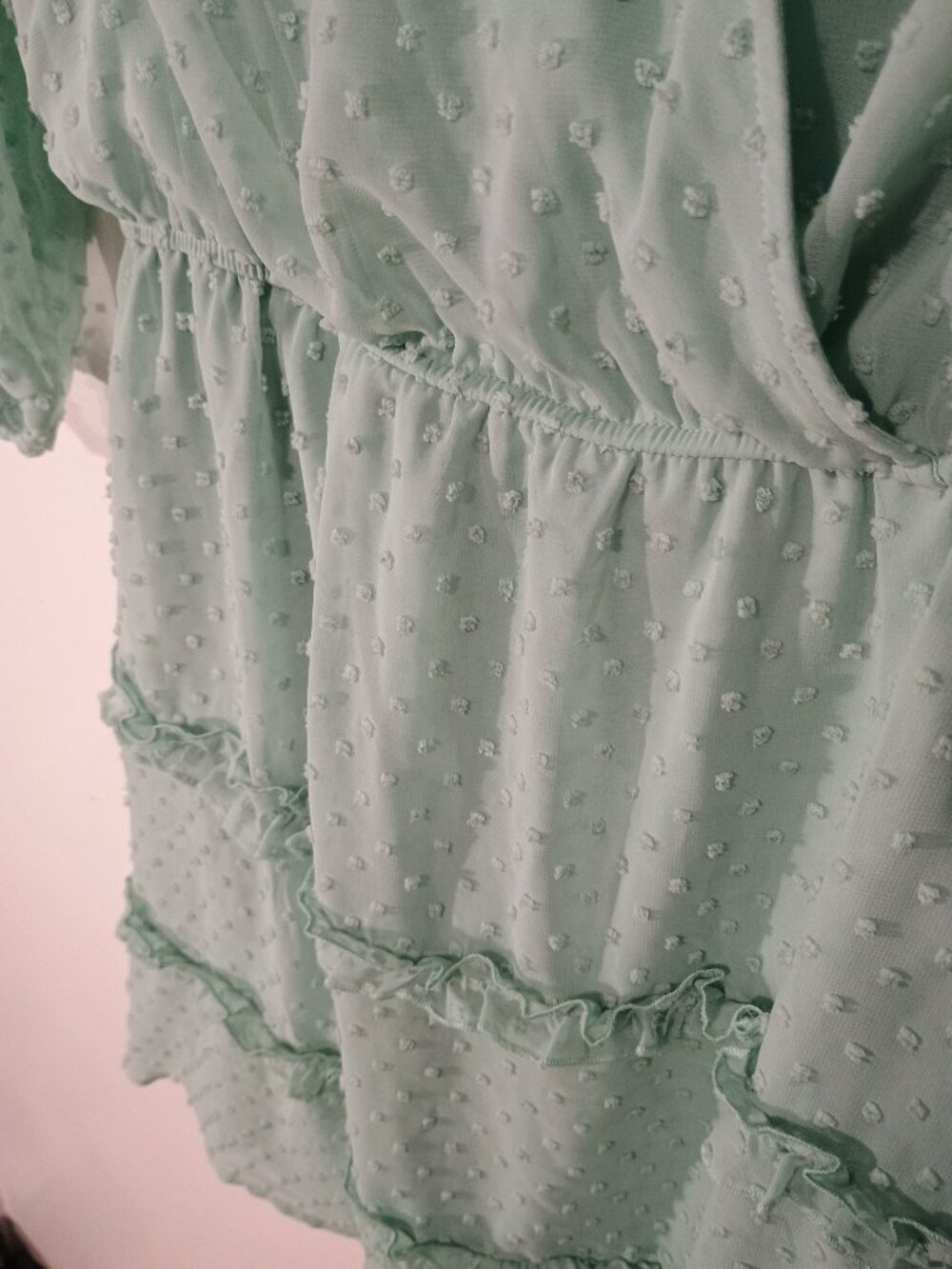 Naif Mint Green Swiss Dot Tiered Ruffle Dress Size M Boho Wrap V-Neck Cottagecor - Picture 4 of 6